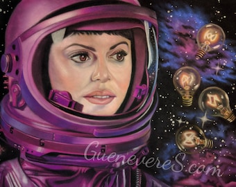Archival Print of "Galaxy #Girlboss" pastel painting, astronaut, space suit, stars, night sky, pink astro girl