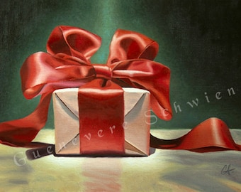 Archival Print of "Special" 8.5" x 11" oil painting of Christmas Present with red ribbon, bow gift