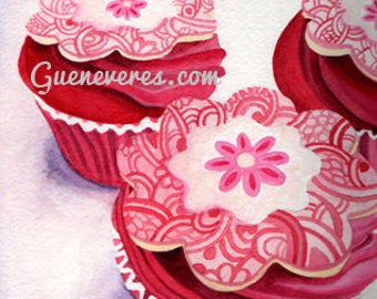 Pink Tripple Cupcake watercolor original painting