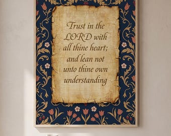 Trust in the Lord Bible Verse Print, Proverbs 3:5 Wall Art, Scripture Poster Christian Home Decor, Vintage Parchment Religious Art