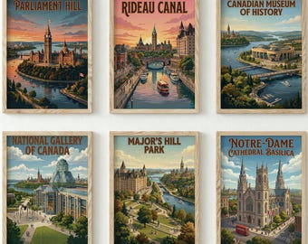 Ottawa Canada Landmark Prints Set of 6 | Parliament Hill Rideau Canal Notre-Dame Basilica Gallery Wall Set Vintage Travel Poster