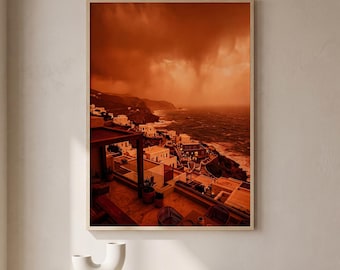 Coastal Village Stormy Seascape Print, Mediterranean Storm Poster, Greek Island Wall Art, Dark Moody Ocean Decor, Dramatic Sky Art