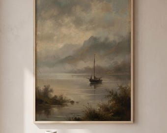 Vintage Sailboat Lake Landscape Print Antique Oil Painting Moody Mountain Wall Art Muted Tones Nautical Rustic Home Decor