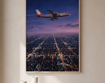 Airplane Over City Night Print, Retro Aviation Wall Art, Vintage Plane City Lights Poster, Travel Home Decor, Mid Century Modern Style
