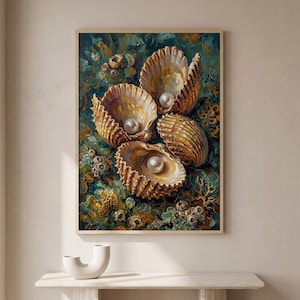 Väggkonsttryck med oljemålning av pilgrimsmussla och snäckskal | Texturerad kustnära snäckskaldekor, blågrönt stilleben i havet, nautiskt badrumssovrum