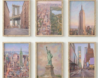 New York City Skyline Art Print Set of 6, Statue of Liberty, Empire State Building, Manhattan Bridge Oil Painting Gallery Wall Decor