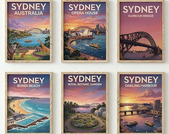 Sydney Australia Travel Poster Set of 6, Opera House, Harbour Bridge, Bondi Beach, Darling Harbour, Retro City Wall Art, Gallery Wall Set