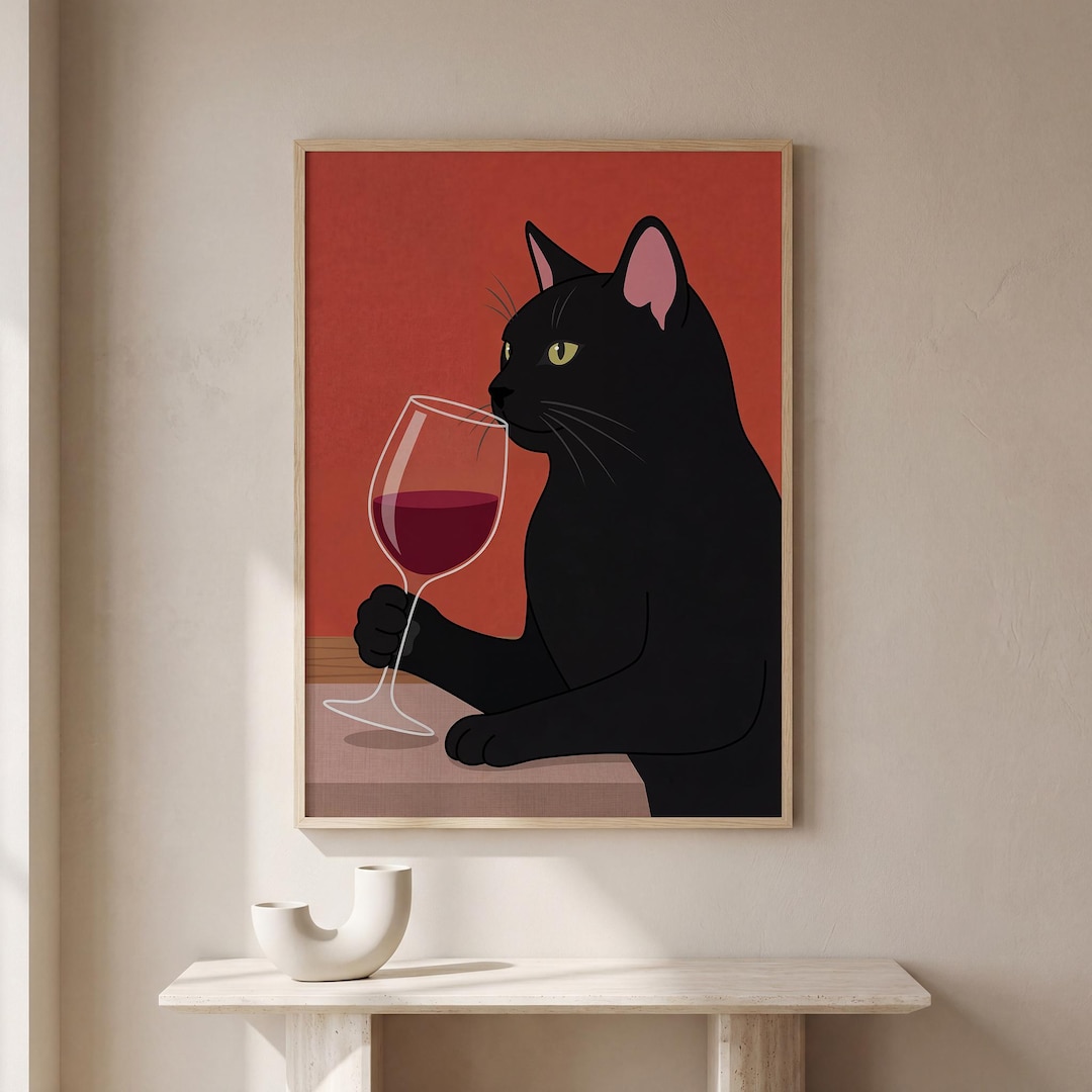 Black Cat Wine Glass Print | Whimsical Animal Wall Art (digital ...