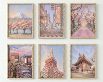 Japanese Wall Art Set of 6, Tokyo Cityscape Prints, Cherry Blossom Art, Mt Fuji Poster, Tokyo Tower, Japan Temple, Sakura Gallery Wall Set
