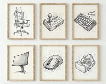 Gaming Wall Art Set of 6, Gamer Room Decor, Video Game Poster, Retro Arcade Print, Gaming Sketch Art, Boys Bedroom Decor, Gift for Gamer