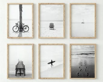 Coastal Wall Art Set of 6, Black and White Beach Photography Print, Ocean Home Decor, Surfboard Poster, Sailboat Painting, Nautical Gift