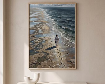 Jesus Walking on Beach Oil Painting Print, Christian Footprints in Sand Wall Art, Religious Seascape Poster, Faith Home Decor