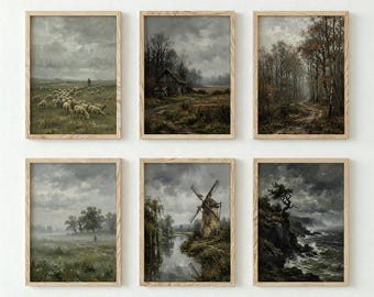 Vintage Landscape Painting Set of 6, Dark Academia Wall Art, Moody Countryside Print, Antique Oil Painting Poster, Old Master Wall Decor