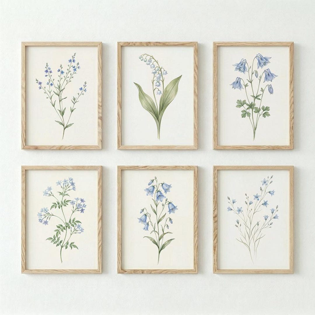 Blue Wildflower Botanical Print Set of 6, Watercolor Floral ...