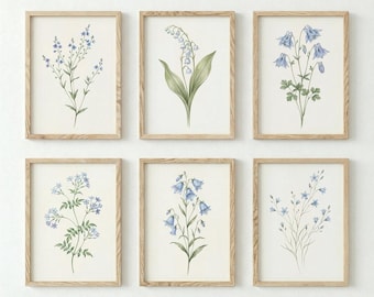 Blue Wildflower Botanical Print Set of 6, Watercolor Floral Illustrations, Farmhouse Spring Gallery Decor
