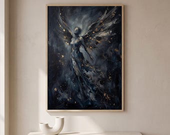 Dark Angelic Figure Textured Oil Painting Gold Leaf Abstract Angel Wings Gothic Moody Spiritual Navy Blue Wall Art