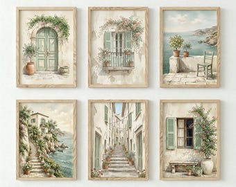 Mediterranean Wall Art Set of 6, Italian Village Watercolor Print, Coastal Europe Poster, Tuscany Doorway Decor, Amalfi Coast Wall Art