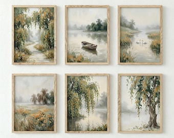 Misty Lake Wall Art Set of 6, Willow Tree Painting Print, Swan Landscape Poster, Soft Countryside Decor, Impressionist Nature Wall Art