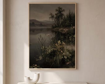 Moody Lake Botanical Wall Art Print, Dark Vintage Landscape Painting, Misty Nature Poster, Cottagecore Gothic Bedroom Decor