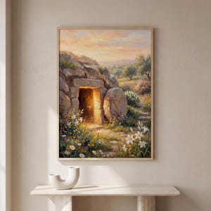 Arte mural imprimible de Pascua con la tumba vacía, pintura al óleo de la resurrección, descarga digital