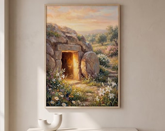 Empty Tomb Easter Wall Art Printable, Resurrection Oil Painting Digital Download
