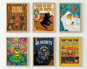 Funny Animal Wall Art Set of 6, Quote Poster Print, Black Cat Wall Decor, Coffee Lover Gift, Retro Kitchen Print, Eclectic Maximalist Decor
