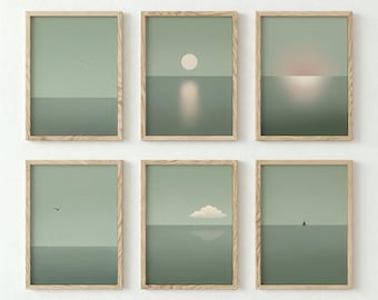 Minimalist Ocean Wall Art Set of 6, Sage Green Landscape Print, Abstract Horizon Poster, Calming Coastal Decor, Neutral Nature Wall Art
