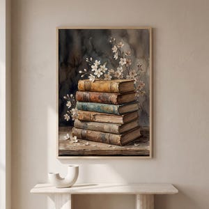 Väggkonst med staplade böcker i vintagestil, akvarelltryck med körsbärsblommor, dekoration med mörk akademi, Cottagecore-bibliotek