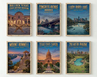 Austin Texas Landmark Prints Set of 6, Texas State Capitol Congress Avenue Bridge Lady Bird Lake Zilker Park Travel Poster Wall Art