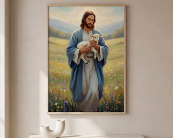 Jesus Holding Lamb Painting: Pastoral Field Wall Art (Digital Download)