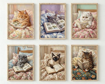 Cat Wall Art Set of 6, Vintage Cat Painting, Cottagecore Print Set, Cat Lover Gift, Cats Reading Books Poster, Floral Cat Illustration