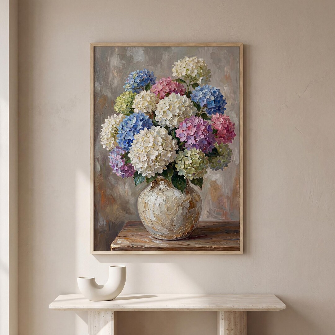 Hydrangea Floral Oil Painting Print: Textured Bouquet Wall Art (digital ...