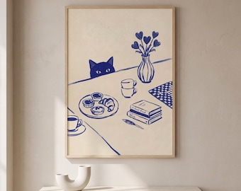 Sneaky Cat Kitchen Print, Blue Ink Drawing, Funny Breakfast Wall Art, Whimsical Coffee Poster