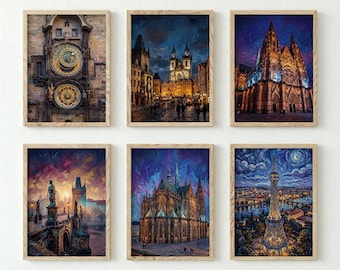 Prague Wall Art Set of 6, Astronomical Clock Charles Bridge St Vitus Cathedral Print, Czech Cityscape Oil Painting Gallery Wall