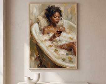 May include: A framed painting depicts a woman in a bathtub filled with bubbles, holding a glass of red wine. The artwork features warm tones and a serene atmosphere, with gold accents on the tub.