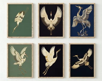 Gold Crane Wall Art Set of 6, Japanese Crane Gallery Wall Prints, Dark Moody Navy & Sage Green Bird Decor, Art Deco Chinoiserie
