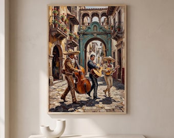 Mariachi Band Oil Painting Print, Mexican Street Scene Wall Art, Spanish Colonial Architecture, Latin Music Decor, Guitar Trio Poster
