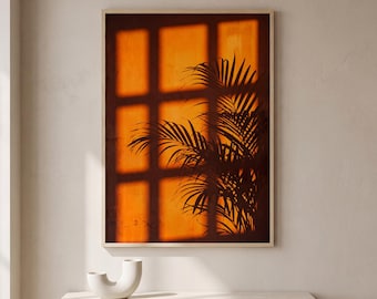 Orange Palm Leaf Shadow Wall Art, Sunset Window Light Poster, Tropical Plant Silhouette, Golden Hour Photography, Boho Home Decor