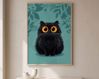 Fluffy Black Cat Art Print With Big Orange Eyes, Whimsical Kitten Wall Decor, Cute Cat Illustration, Teal Botanical Cat Lover Gift Poster