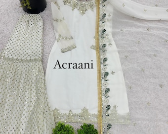 White Sharara Suit Set for Women – Ready to Wear 3-Piece Outfit with Embroidery & Dupatta | Eid Dress | Party Wear Kurti Set, indian outfit