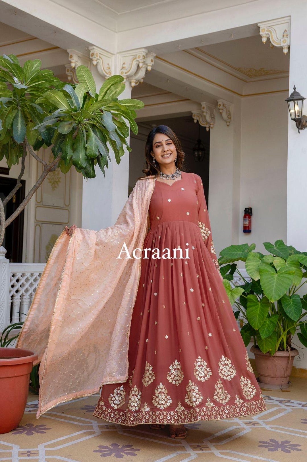 Women Rust Floral One Shoulder Anarkali Dress