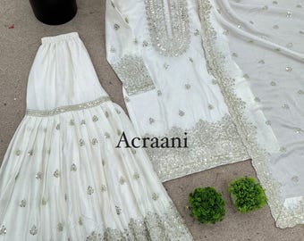 Elegant White Hand-Embroidered Sharara Set | Mirror Work Indian Ethnic Outfit | Traditional Festive Wear for Women, Pakistani dresses 3pcs