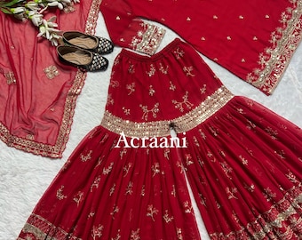 Latest Maroon Embroidered Sharara Set – Traditional Indian Party Wear Suit with Dupatta, Juttis | Festive Ethnic Outfit for Women, Readymade