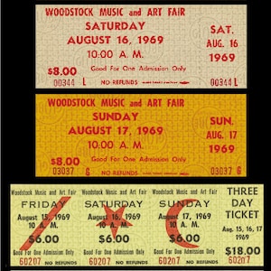 Fünf 1969 WOODSTOCK unbenutzte Papier Replika Konzertkarten Sammeln, Sammelalben, plus 2 Bonuskarten, hergestellt in den USA