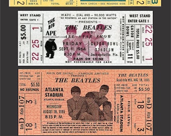 Może przedstawiać: Kolekcja zabytkowych biletów na koncerty The Beatles, z różnymi miejscami i datami z lat 1964-1966. Bilety są wydrukowane na kolorowym papierze ze zdjęciami członków zespołu w czerni i bieli.