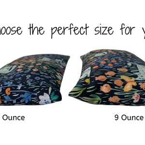 May include: Two floral-patterned pillows, one labeled 6.5 ounces and the other 9 ounces, are displayed against a white background. The pillows feature a dark background with colorful flowers and foliage. The text "Choose the perfect size for you" is written above the pillows.