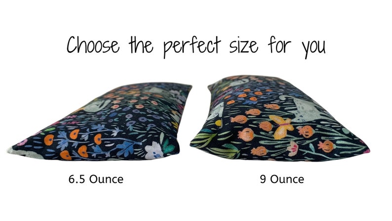May include: Two floral-patterned pillows, one labeled 6.5 ounces and the other 9 ounces, are displayed against a white background. The pillows feature a dark background with colorful flowers and foliage. The text "Choose the perfect size for you" is written above the pillows.