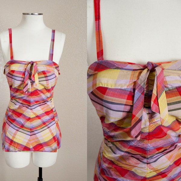 Adorable 1950s bright plaid swim suit or play suit | S/M