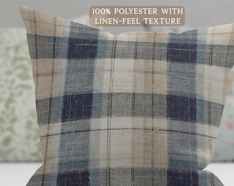 Rustic Plaid Pillow Cozy Farmhouse Cushion Navy Beige Check Throw Decorative Accent Gift for Home Cabin Lodge Living Room Pillow Cover