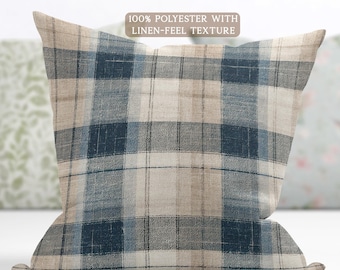 Rustic Plaid Pillow Cozy Farmhouse Cushion Navy Beige Check Throw Decorative Accent Gift for Home Cabin Lodge Living Room Pillow Cover